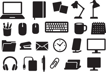 Obraz premium Collection of modern office and technology icons representing a workspace with laptop computer keyboard mouse and desk accessories