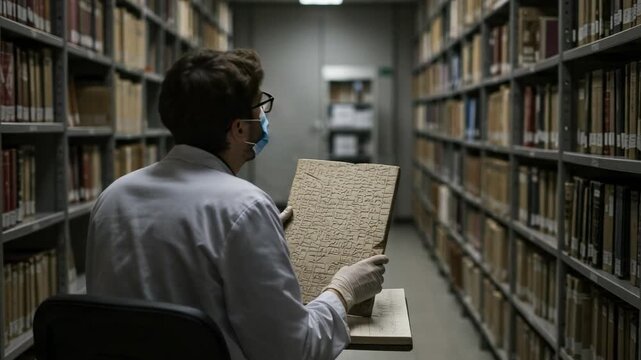Male researcher in a lab coat and gloves carefully examines an old handwritten document in a historical archive.