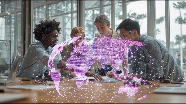 A diverse team collaborates at a desk with a digital holographic world map overlay representing global data connections. - Powered by Adobe