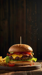hamburger on a wooden table