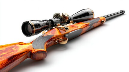 Ornate Hunting Rifle With Scope On White Background