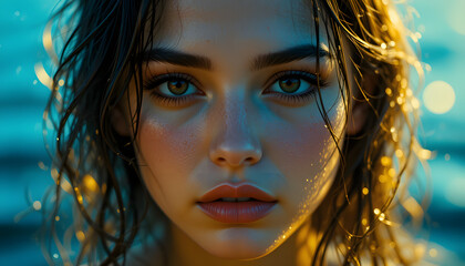 Mystic Beauty: A close-up, mesmerizing portrait of a serene face of a woman, exuding captivating mystique and beauty, with radiant light reflecting softly.