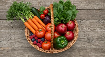 Colorful Harvest Basket of Fresh Produce on Rustic Wood