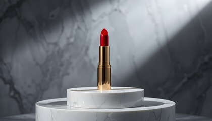 Crimson Lipstick: Elegant studio shot captures a single lipstick in stark relief against a marble surface, highlighting the beauty and boldness of the cosmetic product.