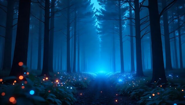 Mystical woodland scene featuring tall trees shrouded in fog, illuminated by magical glowing orbs in a dark, enchanted forest.
