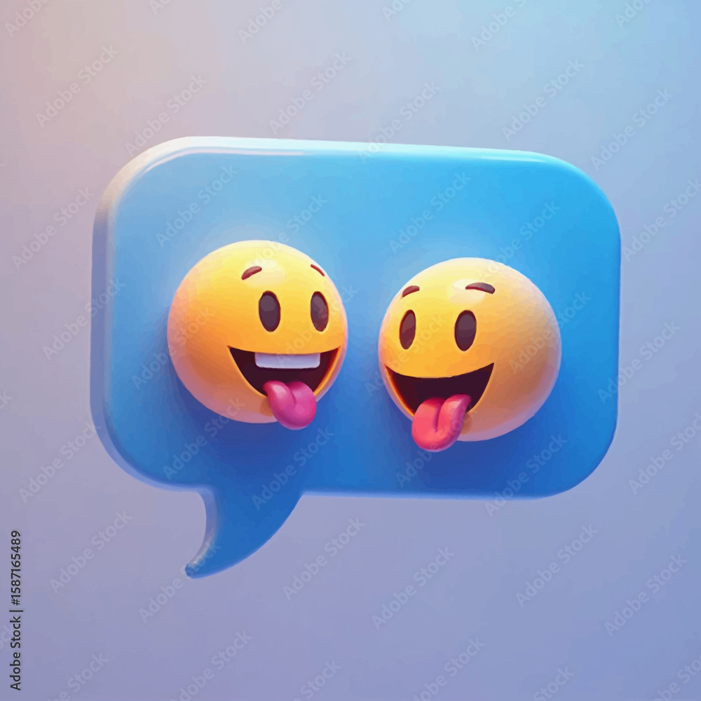 Poster two smiling emoji characters with tongues sticking out inside a speech bubble.