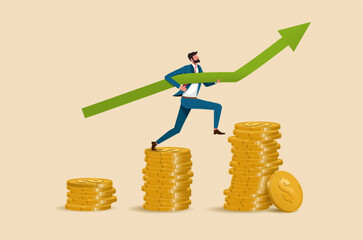 Businessman running with growing graph on coins up. Conceptual vector image of success in business.