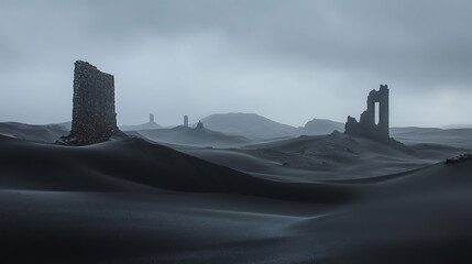 Ancient ruins amidst vast desert under cloudy sky
