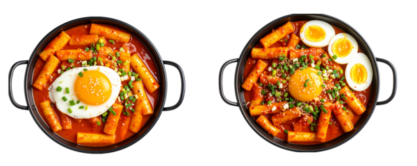Set of Flat Lay of Tteokbokki with Sliced Boiled Egg and Scallions on Side Plate – Transparent PNG 