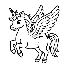 Fototapeta premium Cute winged unicorn, outlined in black, ready for coloring.