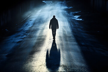 a man walking down a dark street at night