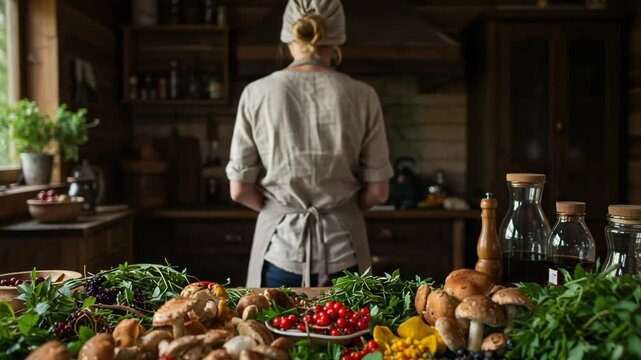 Woman in a rustic kitchen preparing a meal with fresh foraged ingredients. A table full of wild mushrooms, berries, and herbs. Healthy, organic, farm-to-table concept.