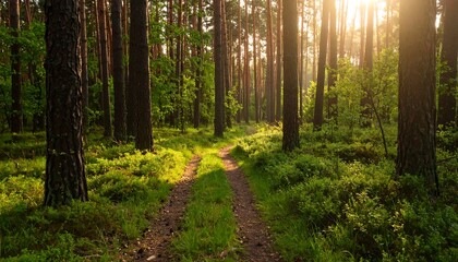 Obraz premium Sunlight streams through a pine forest (1)