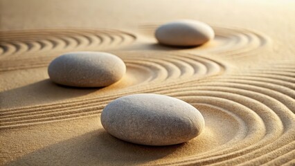 Three rounded stones with gentle ripples in a tranquil sand surface