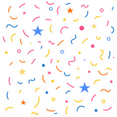 A vibrant and playful vector illustration of scattered confetti, streamers, and stars on a white background, perfect for celebrations and festive designs.