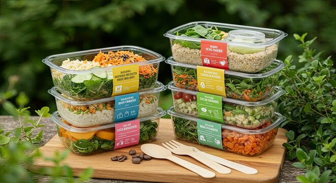 Colorful Prepared Meals in Transparent Containers, Ready for Delivery