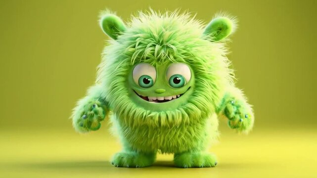 Cute lime color furry monster 3D cartoon character