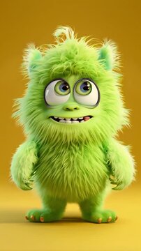 Cute lime color furry monster 3D cartoon character.