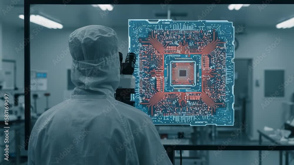 Poster engineer in a cleanroom suit analyzing a futuristic glowing circuit board on a transparent display. 