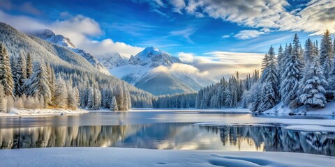Serene snow-covered mountainscape with dense forest and frozen lakes in the background © udomsak