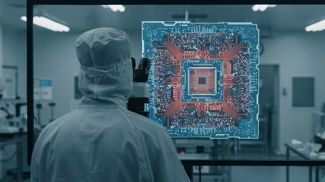 Engineer in a cleanroom suit analyzing a futuristic glowing circuit board on a transparent display. High-tech laboratory for semiconductor manufacturing and research.
