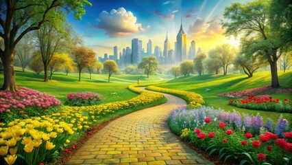 Vibrant yellow brick path winding through a lush meadow