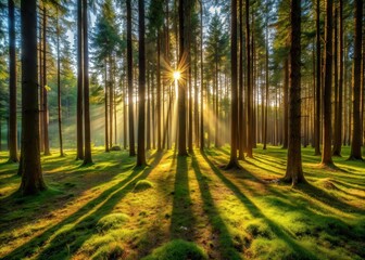 Obraz premium Warm sunlight filters through a dense forest of tall trees and underbrush