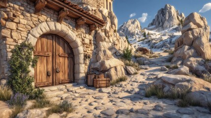 Naklejka premium Stone Building Entrance With Wood Door And Snowy Mountains