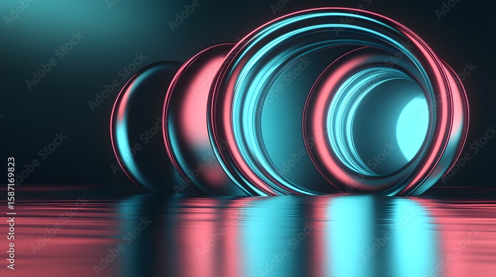Poster abstract 3d rendering of concentric circles with vibrant colors and reflections.