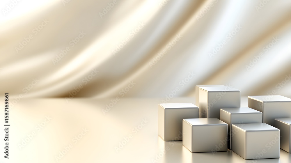 Poster multiple metallic cube display stands on a light beige surface.