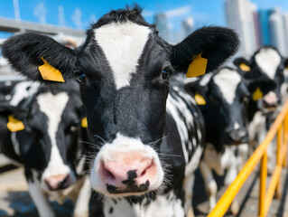 modern photograph of cows feeding from an automated feeding system in a clean and spacious korean ba