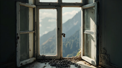 Open Window Overlooking Mountains with Chains Resting on the Sill