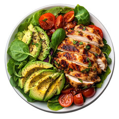 Top view healthy food, Grilled chicken and avocado salad, isolate on white background.