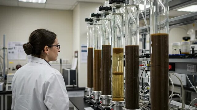 Female scientist in a lab coat observing a soil percolation or water filtration experiment. Woman researcher working with bioreactors in a modern laboratory.