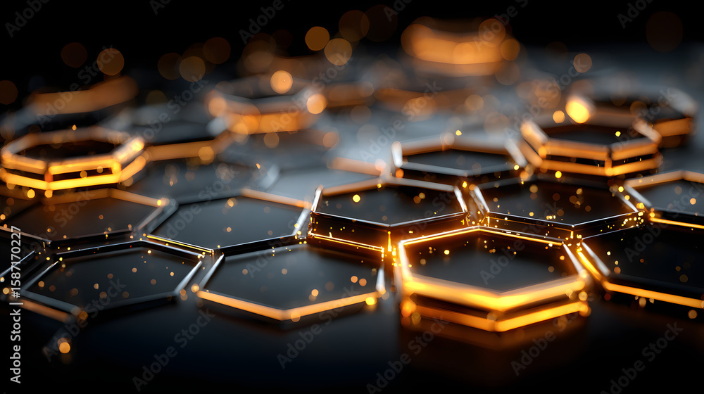 Poster abstract hexagon network golden glowing nodes dark background technology connection
