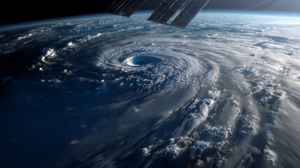 宇宙空間から台風の目の雲の塊のある地球を見る