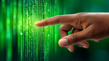 A hand touches a stream of green digital code