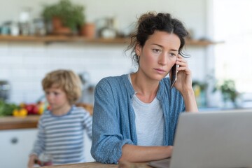 A mother juggles work, phone calls, and childcare simultaneously. This photo illustrates the concept of mental load