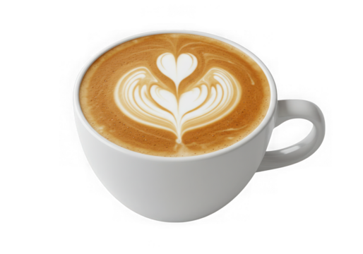 Latte art coffee cup with heart isolated on transparent background