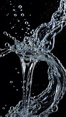 Dynamic splash of pure crystal clear water frozen in motion. Abstract high-speed photography of a liquid stream with droplets and bubbles against a black background.