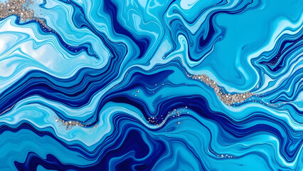 Fototapeta premium Elegant Blue Fluid Art Background with Shimmering Silver Glitter Accents