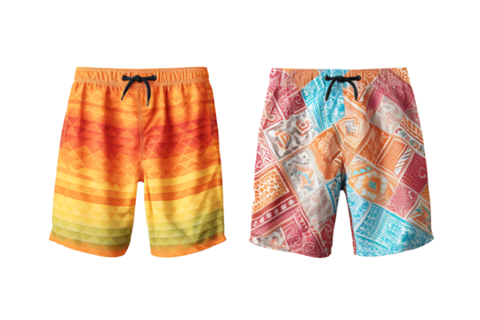 Colorful beach shorts set for men featuring orange geometric fade and multicolor tribal patchwork design with drawstring waist casual summer wear mockup isolated on transparent background