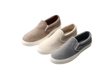 Set of three casual slip-on sneakers in beige brown and grey tones with white sole men's fashion shoes mockup isolated on transparent background