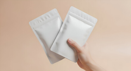 Hand Holding Two Blank White Pouches on Neutral Background