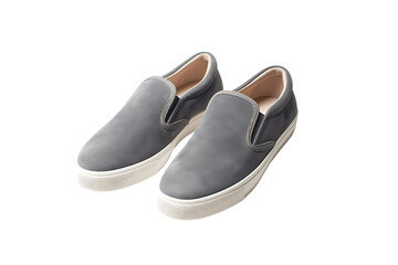 Grey slip-on sneakers pair with white rubber sole minimal casual mens footwear for daily fashion wear mockup isolated on transparent background