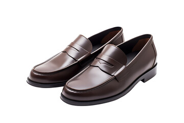 Polished brown leather loafers classic formal men's shoes with black sole elegant business style footwear mockup isolated on transparent background