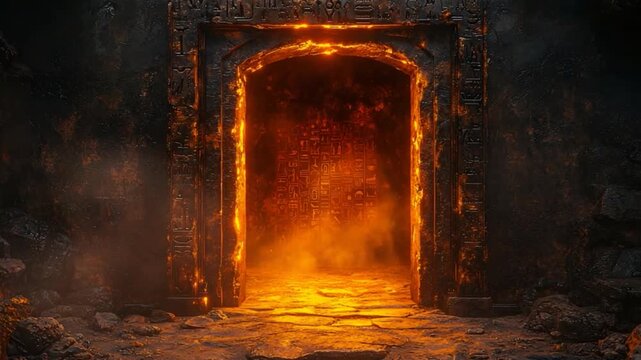 Fiery entrance to another world, burning doorway, hellish gate