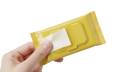 Hand Holding Yellow Wet Wipe Package on Black, Hygiene Concept
