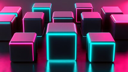 Neon cubes in vibrant colors arranged on a dark surface.