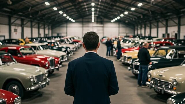 Man in a suit looking at a large collection of vintage cars in a warehouse. Businessman choosing a classic automobile at a car show or auction.